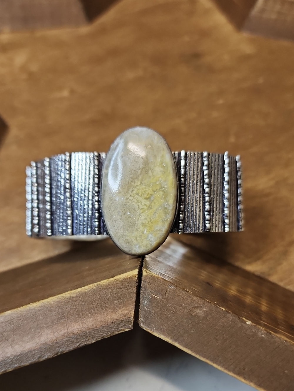 Cuff Bracelet with Green Oval Bumblebee Jasper Stone
